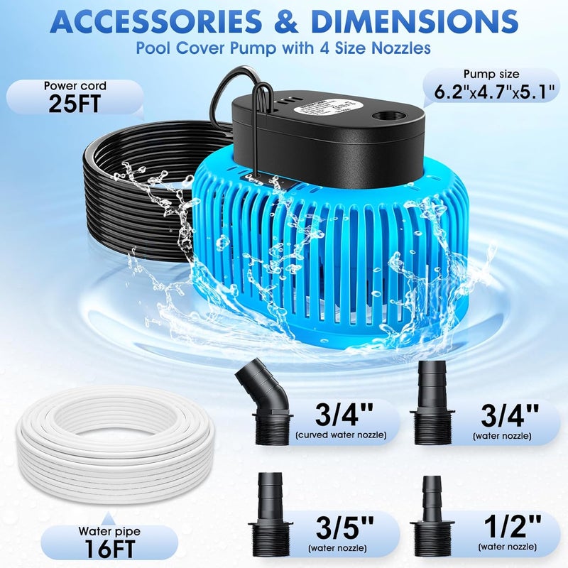 FizZeal Pool Cover Pump Above Ground, Automatic Water Sensor, Sump Pump for Pool Draining, Pool Cover Water Removal 4 Adapters, 16ft Hose & 25ft Power Cord, 850 GPH (Blue) - Image 4